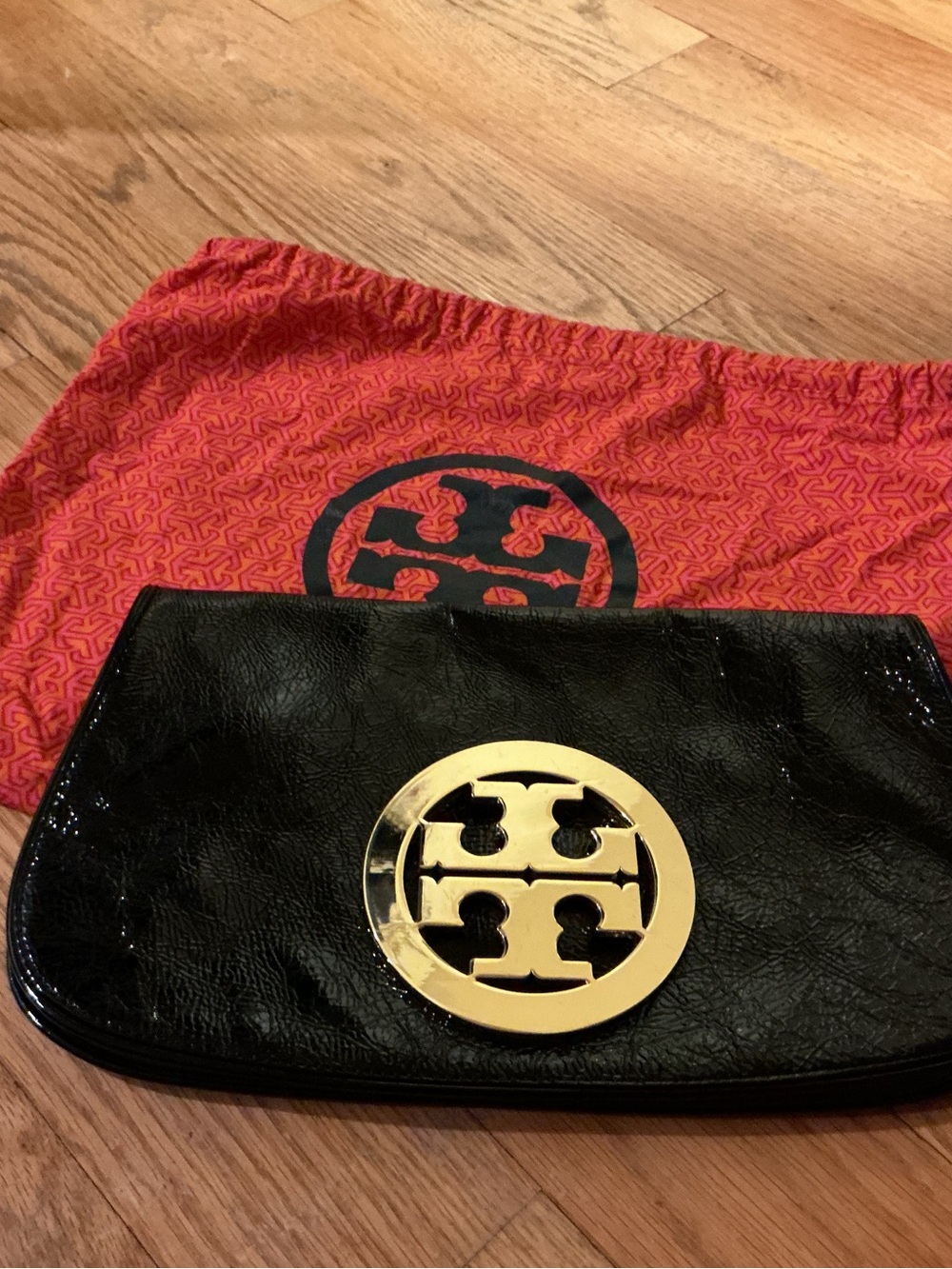 Tory Burch Black Patent Clutch with Gold Logo Medallion